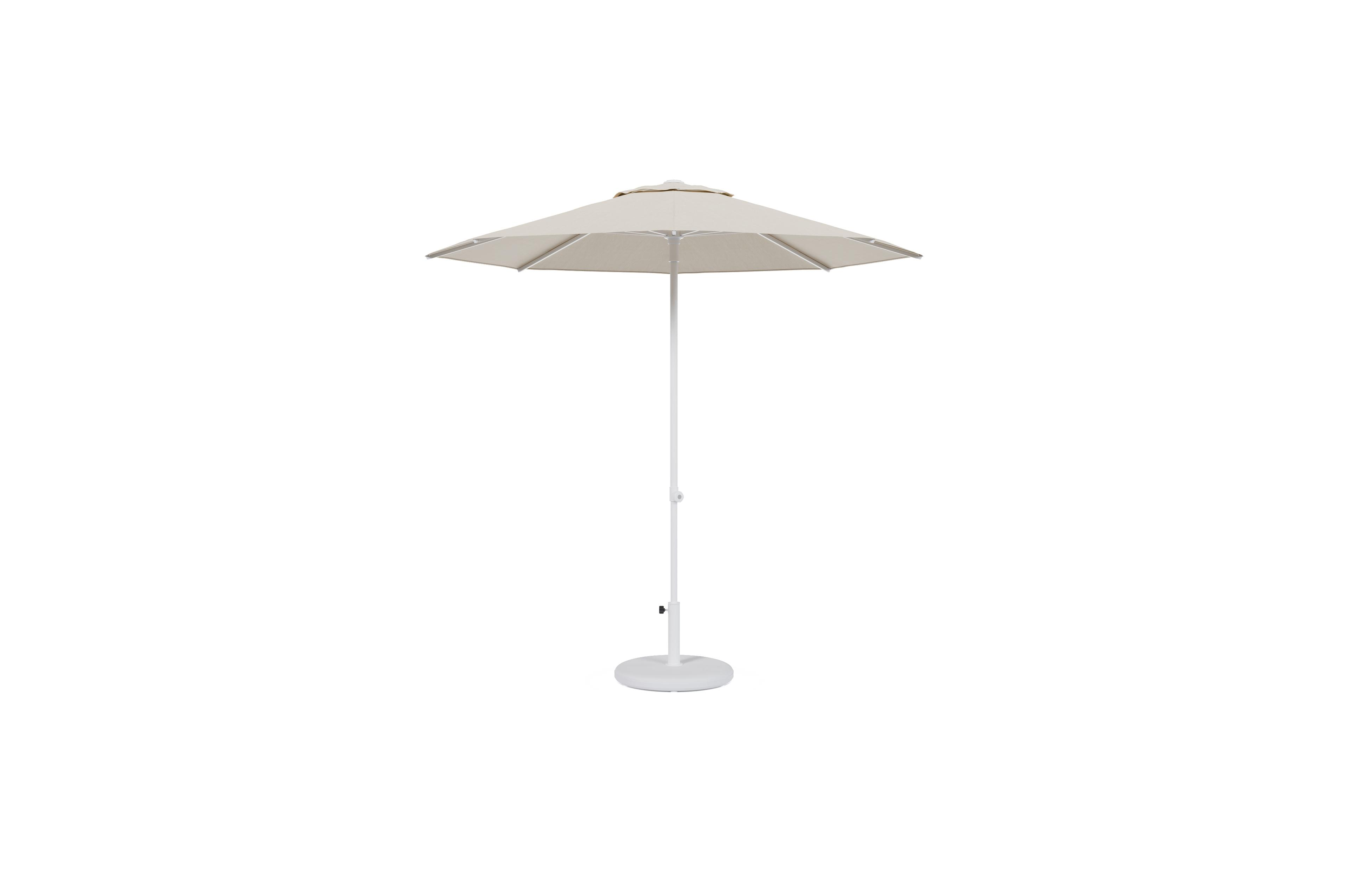 Umbria staanparasol in wit aluminium met beige all weather sunbrella® premium parasoldoek - Dia. 250 cm met parasolvoet Plana 40 kg