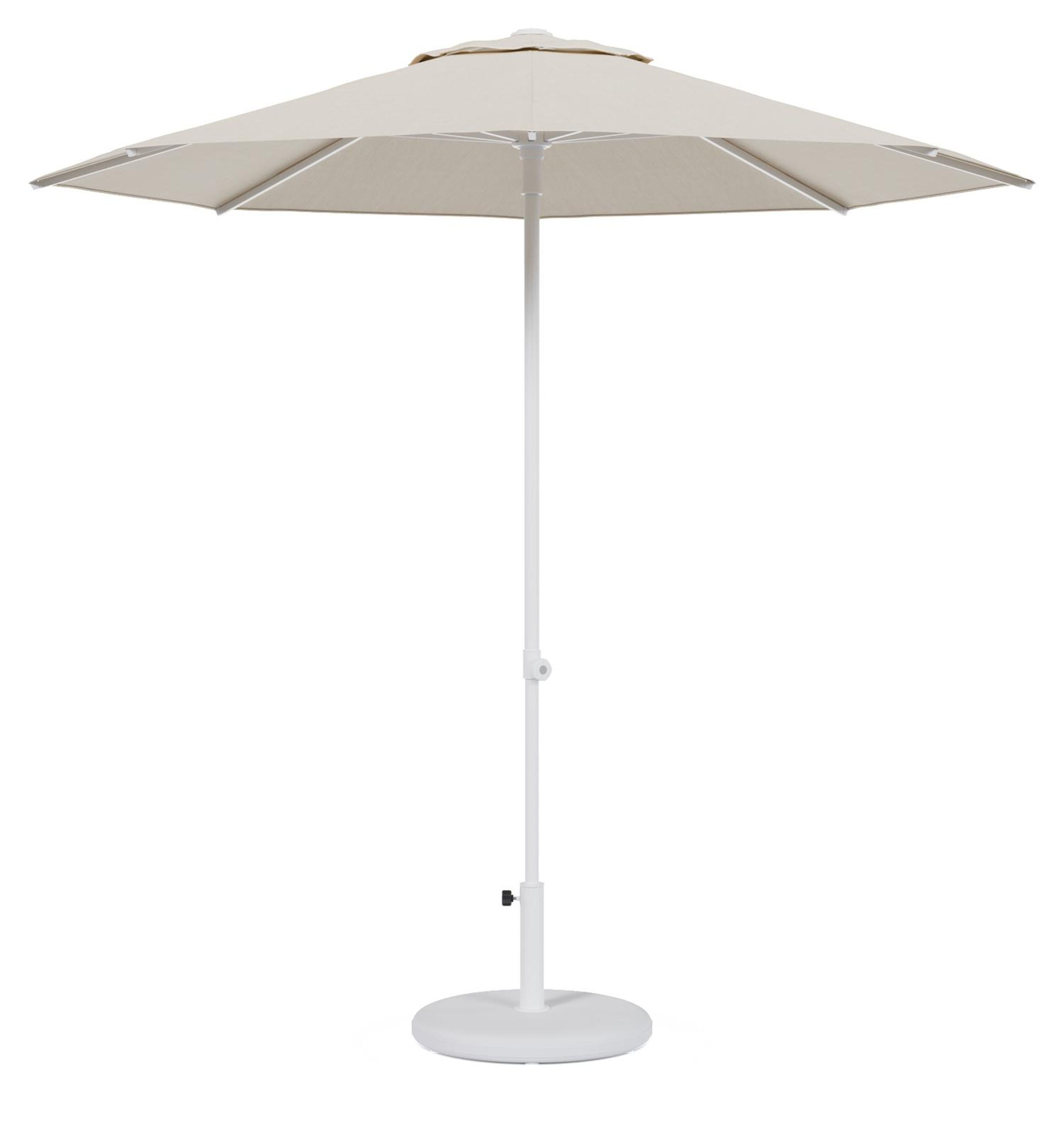Umbria staanparasol in wit aluminium met beige all weather sunbrella® premium parasoldoek - Dia. 250 cm met parasolvoet Plana 40 kg