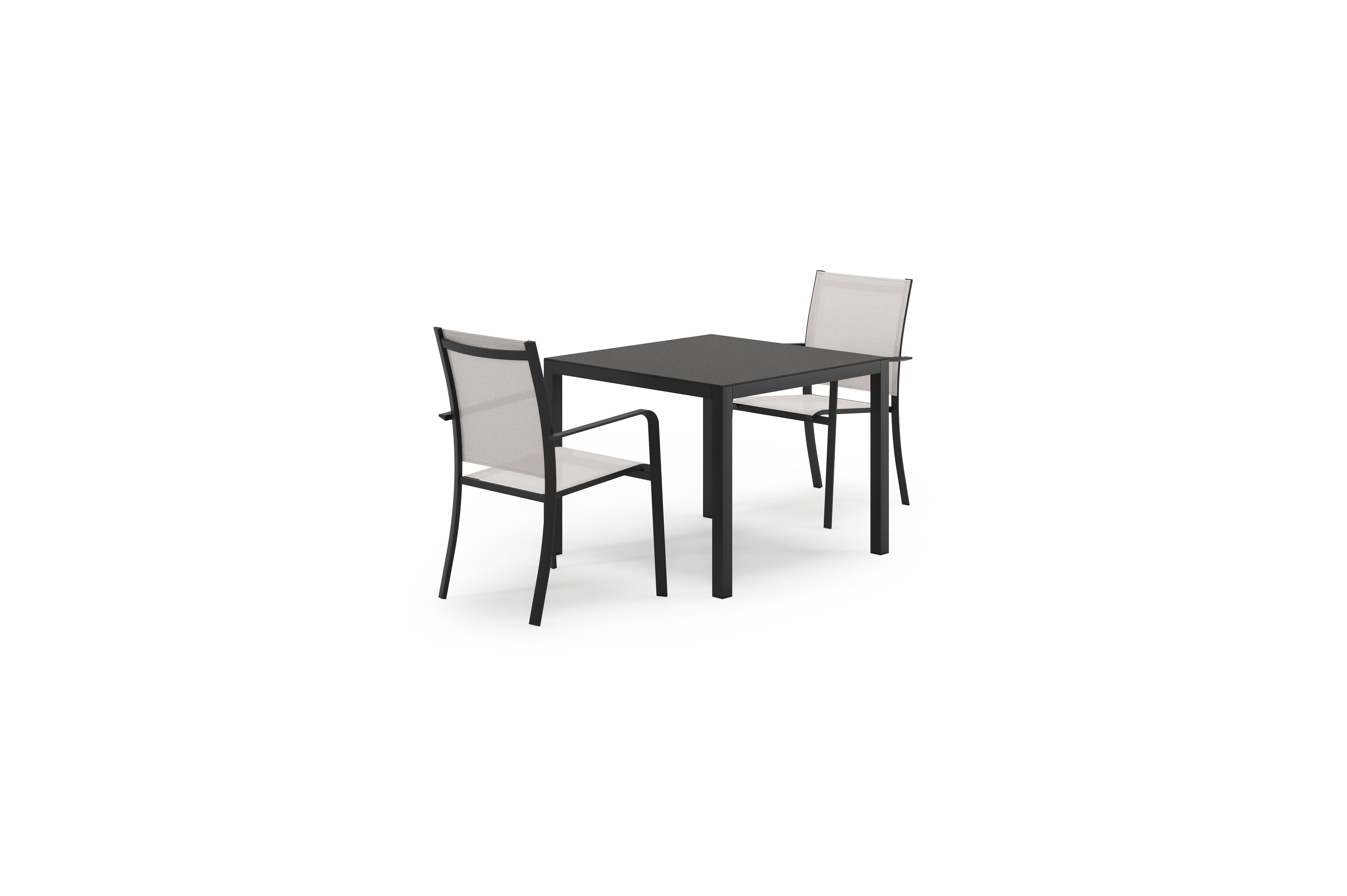 Feltro tuinset in zwart aluminium en sintered stone Notte minerale met 2 Calobra tuinstoelen