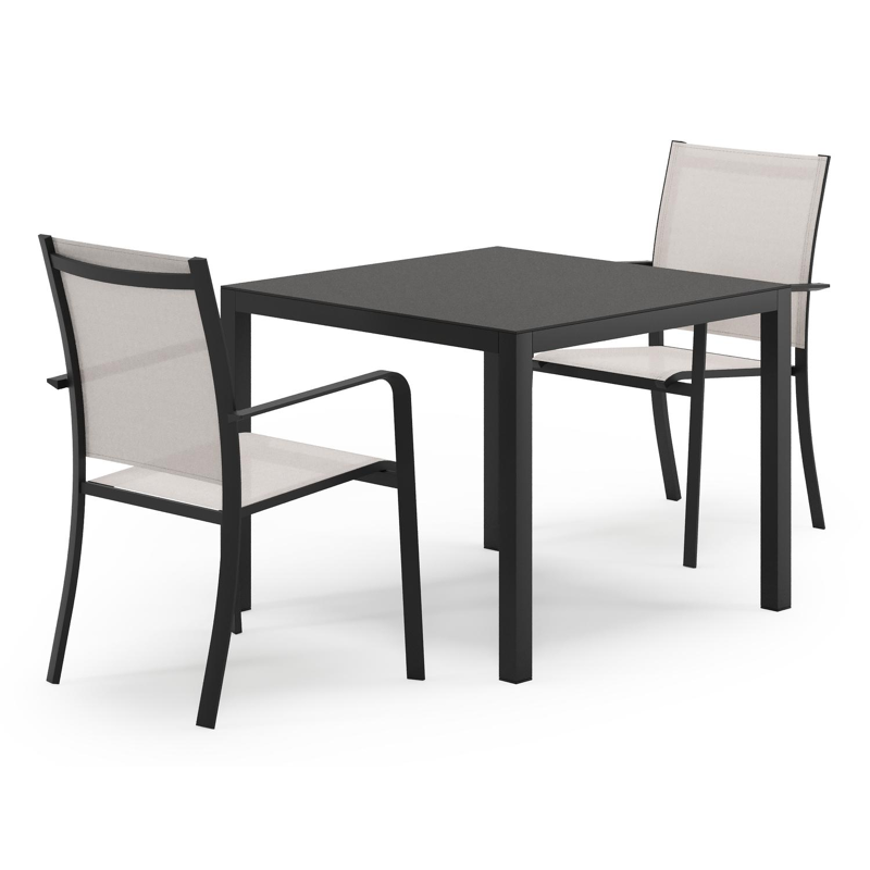 Feltro tuinset in zwart aluminium en sintered stone Notte minerale met 2 Calobra tuinstoelen