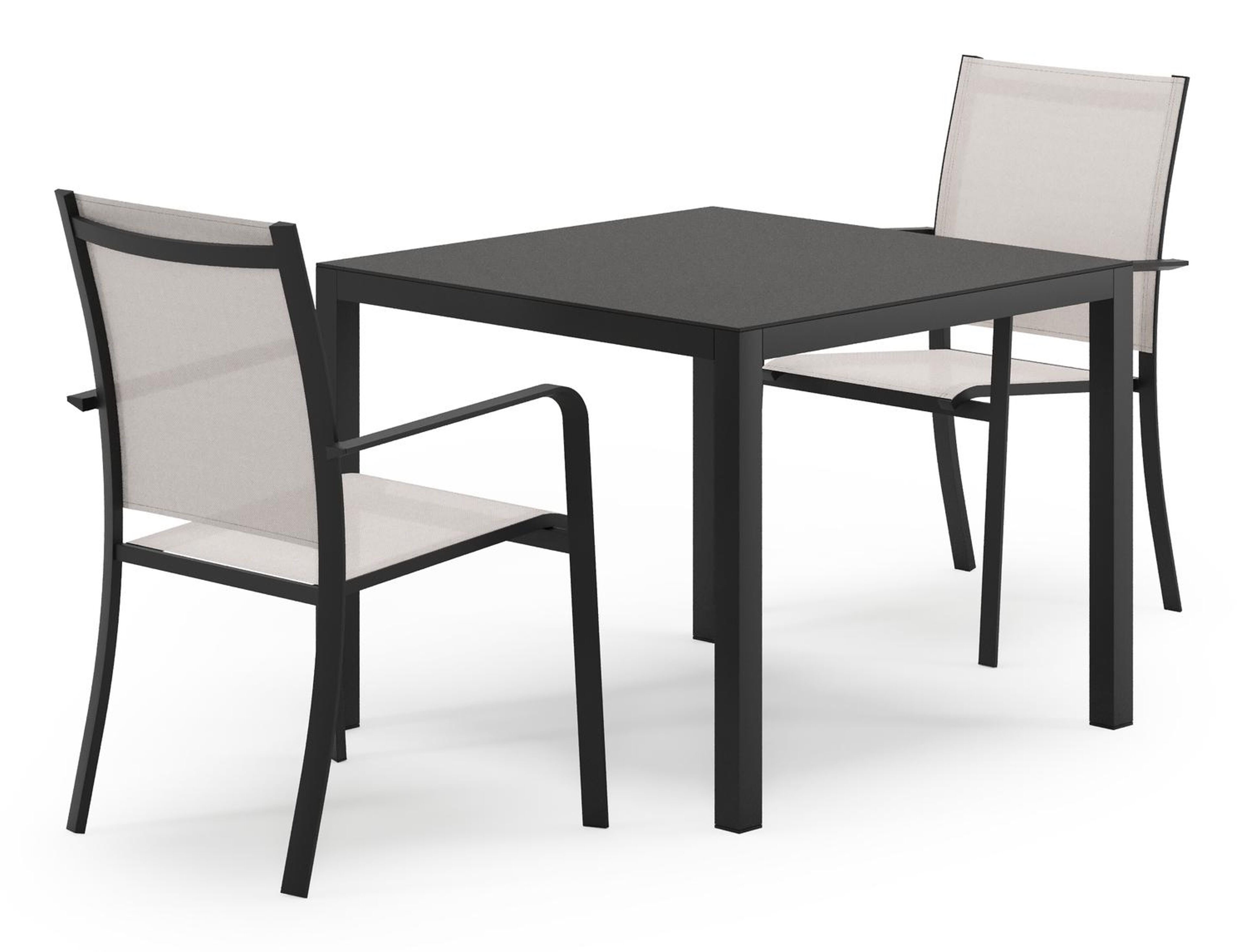 Feltro tuinset in zwart aluminium en sintered stone Notte minerale met 2 Calobra tuinstoelen