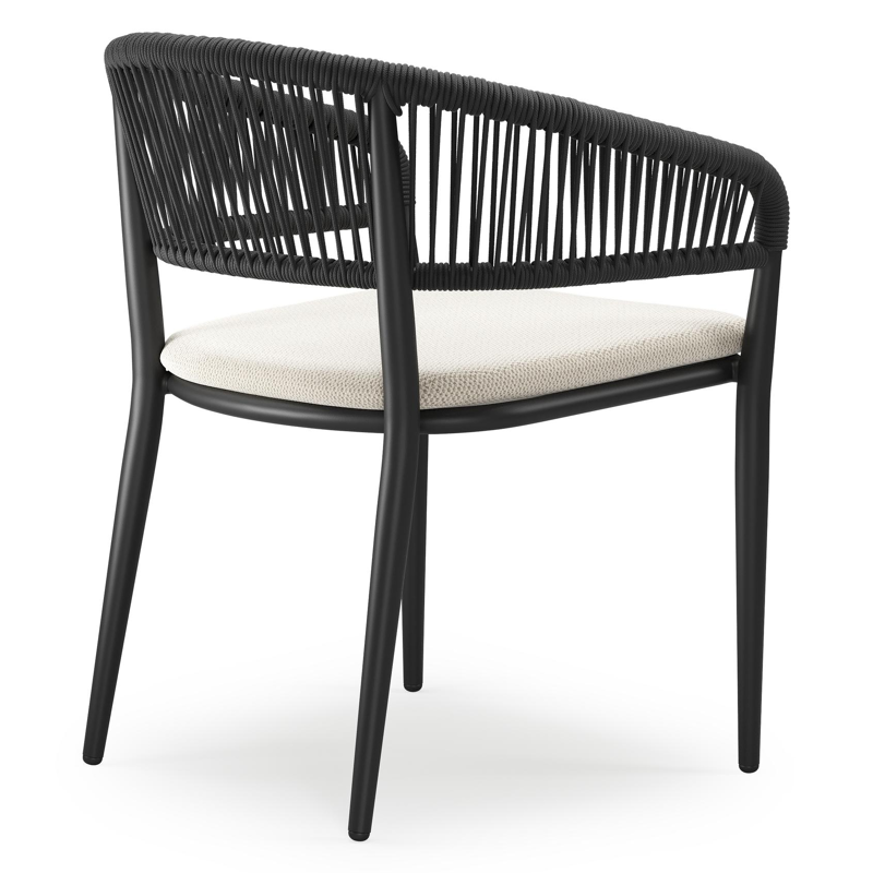 Tolfa stapelbare tuinstoel in zwart aluminium en zwart verticaal geweven ronde rope met stoelkussen in All Weather Sunbrella® Luxe Lopi Marble