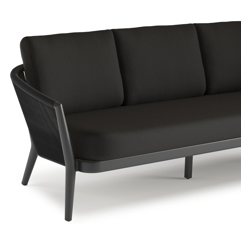Canapé de jardin Orso en aluminium noir en corde ronde tissée verticalement noir et coussins en all weather sunbrella® luxe Heritage char