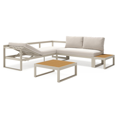 Caldela loungehoek in beige aluminium en polywood met beige Weather+ Softtouch kussen en loungetafel