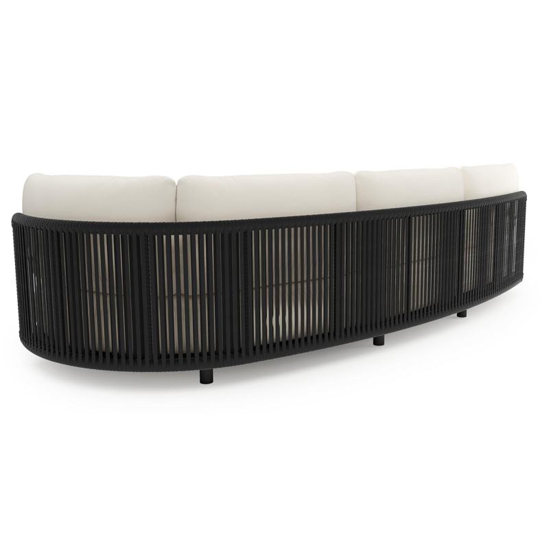 Canapé de jardin Lomano en aluminium noir et corde luxe plate tissée verticalement noir et coussins en all weather sunbrella® luxe natte white