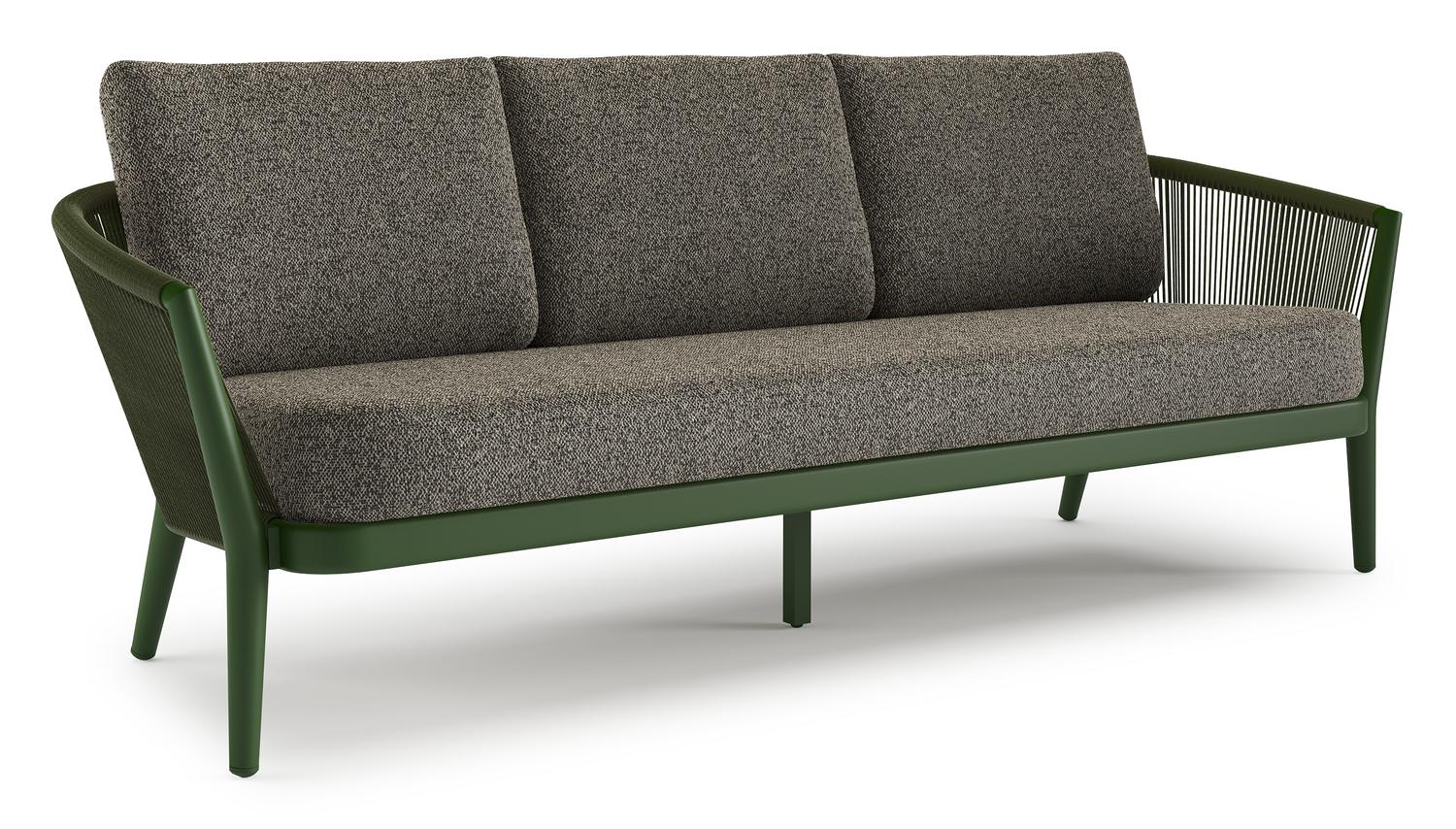 Orso loungebank in groen aluminium en groen verticaal geweven ronde rope met Marbella Tunder all weather cosytica kussen