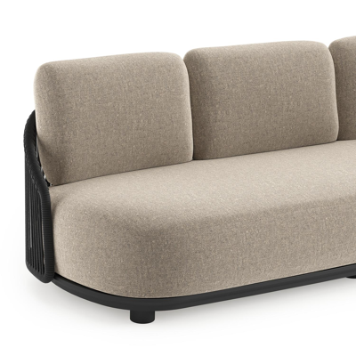 Vadelo loungeset in zwart aluminium en zwart verticaal geweven ronde rope met chartres pewter all weather sunbrella® luxe kussen