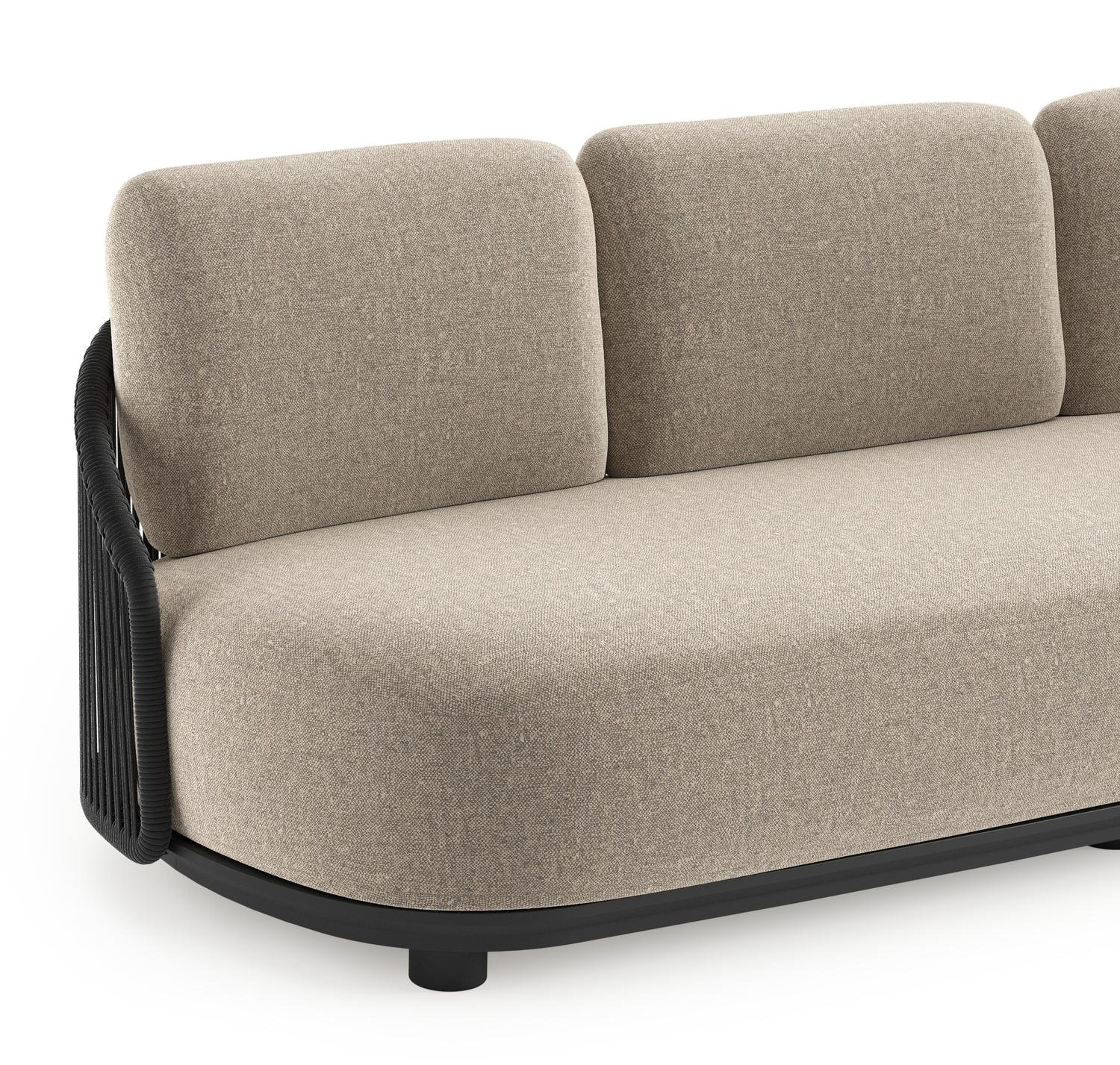 Salon de jardin Vadelo en aluminium noir et corde ronde tissée verticalement noir et coussins en all weather sunbrella® luxe chartres pewter