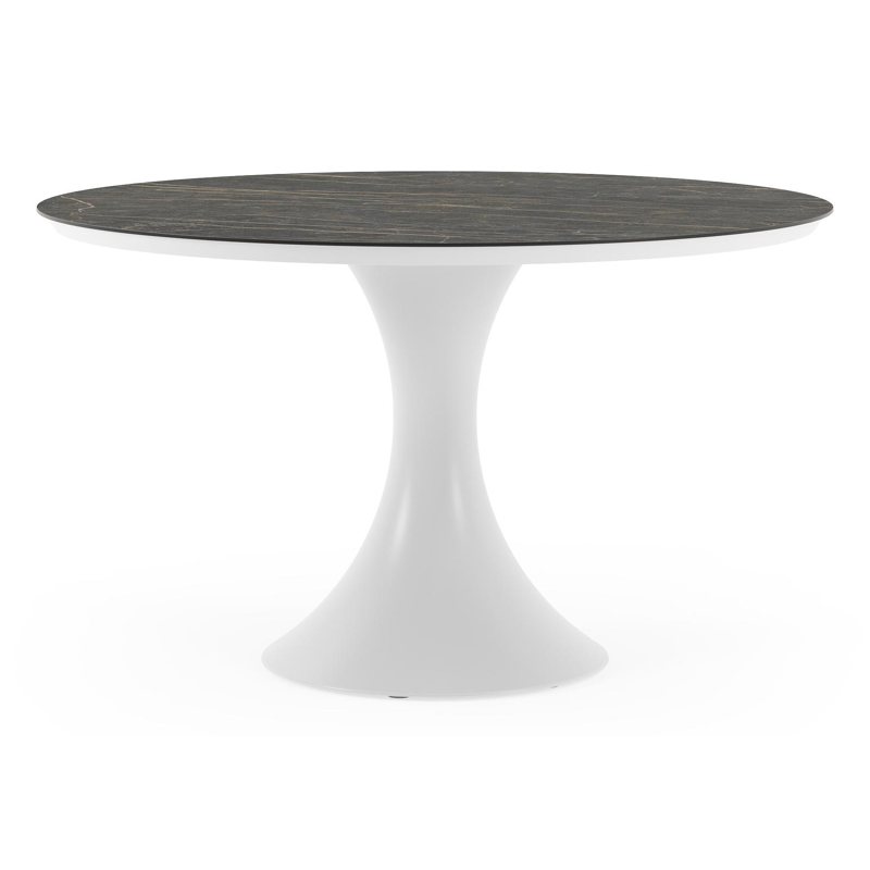 Table de jardin Fano ronde en aluminium blanc et céramique pleine Black Obsession - Diam. 130 x Haut. 75 cm