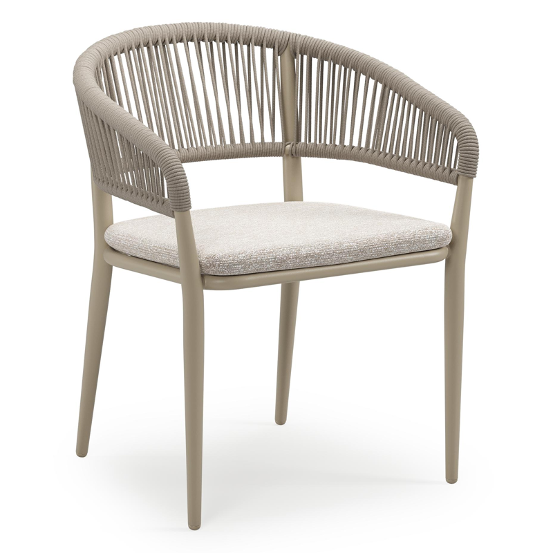 Tolfa stapelbare tuinstoel in beige aluminium en beige verticaal geweven ronde rope met stoelkussen in All Weather Sunbrella® Luxe Tundra Sand