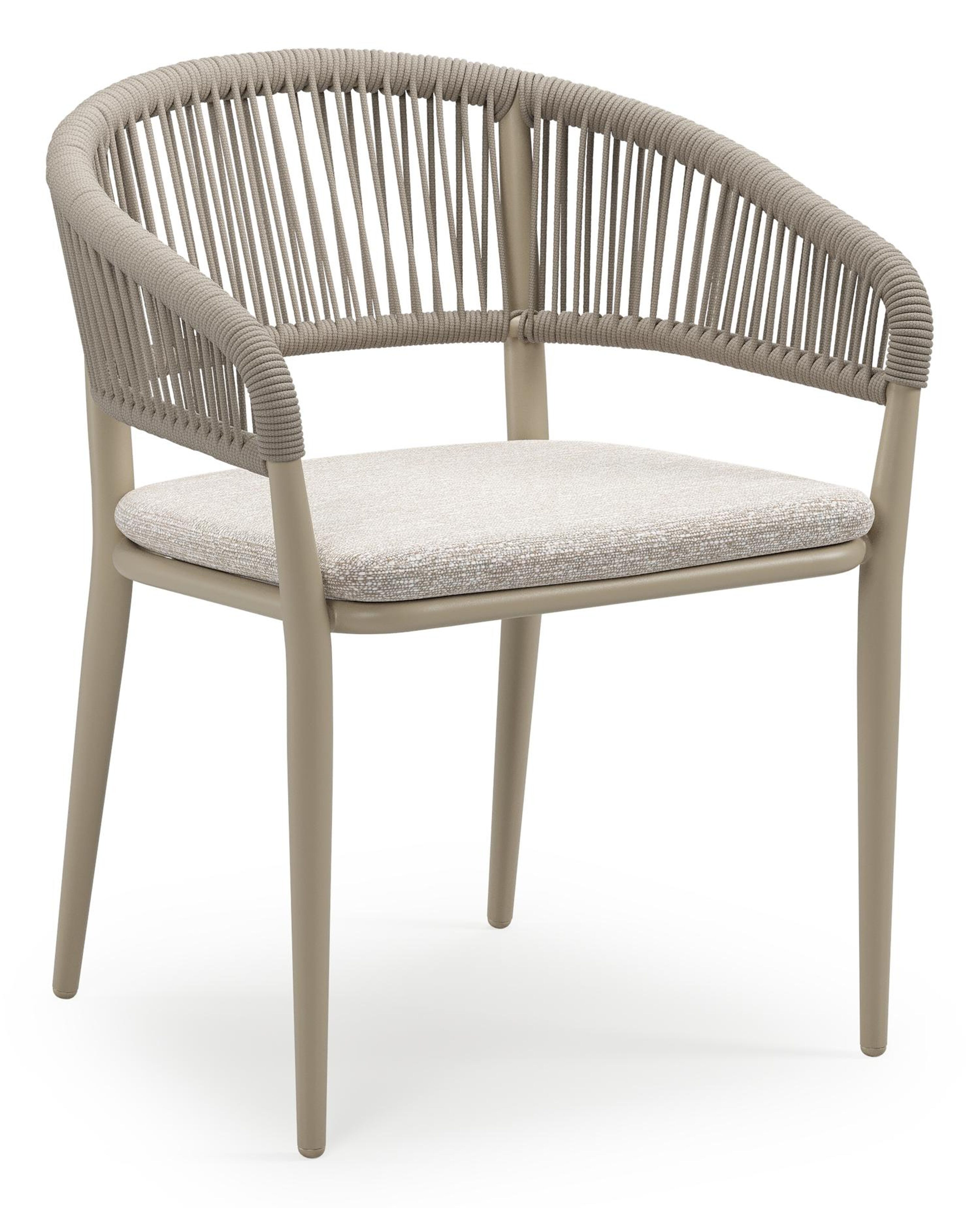 Tolfa stapelbare tuinstoel in beige aluminium en beige verticaal geweven ronde rope met stoelkussen in All Weather Sunbrella® Luxe Tundra Sand