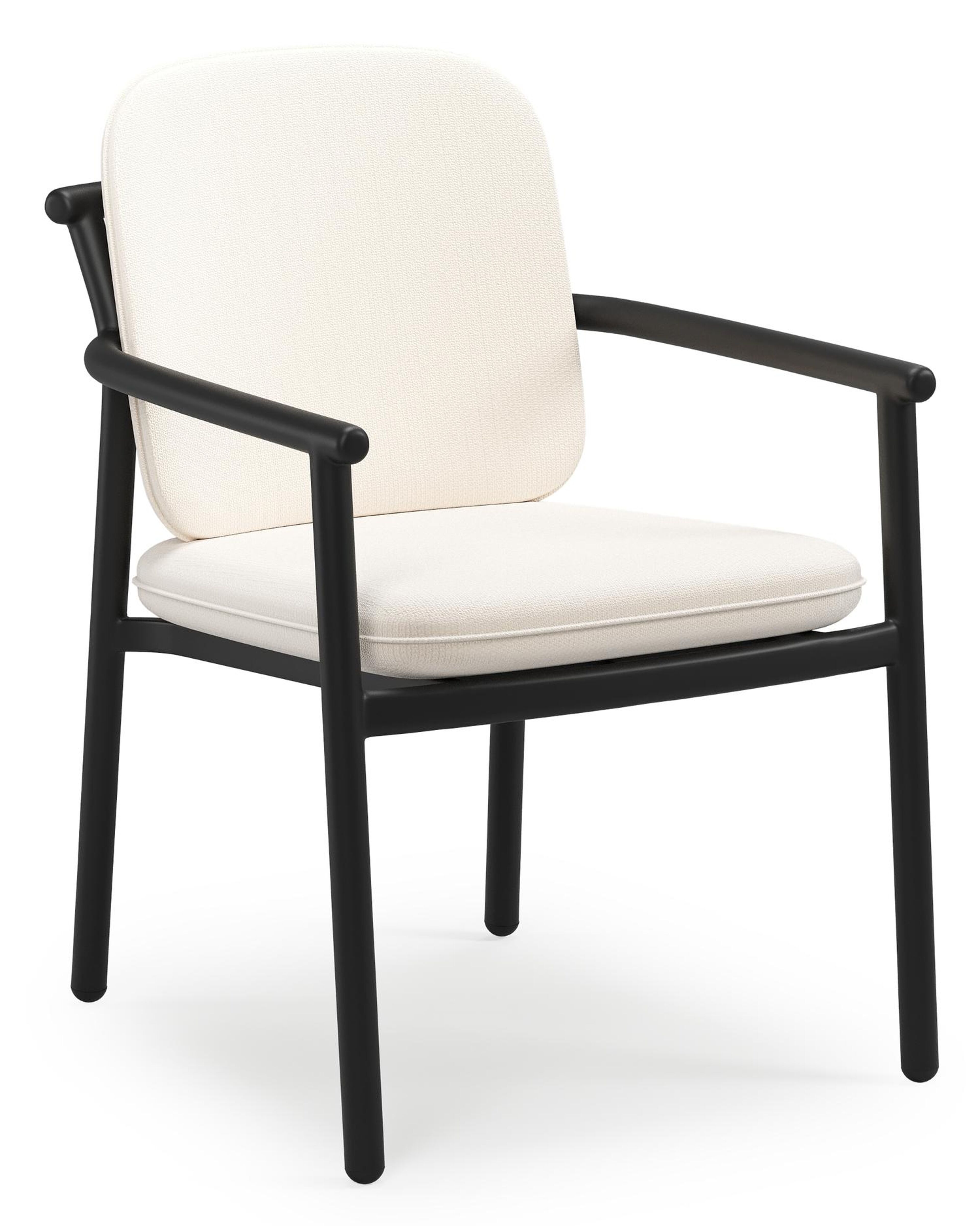 Bono stapelbare tuinstoel in zwart aluminium met stoelkussen in All Weather Sunbrella® Luxe Lopi Snow