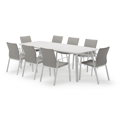 Mosa ensemble de jardin forme de bateau en aluminium blanc en sintered stone topo minerale avec 8 chaises de jardin Madura