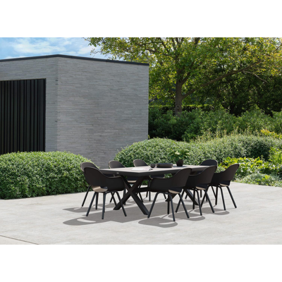 Ensemble de jardin Reza en aluminium noir avec plateau de table en céramique pleine gris et 8 chaises de jardin Artena
