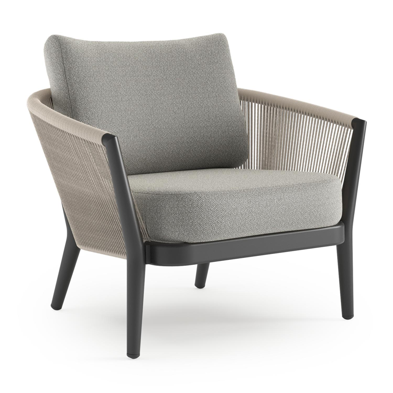 Orso loungestoel in zwart aluminium en beige verticaal geweven ronde rope met Savane Tunder all weather sunbrella® luxe kussen