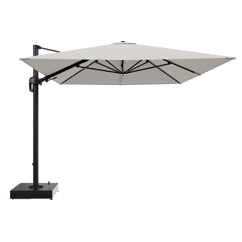 Rufina zweefparasol met tiltfunctie in zwart aluminium en Lopi Marble All Weather Sunbrella® Luxe parasoldoek - L1 400 x L2 300 cm met parasolvoet Minore 150 kg met wielen