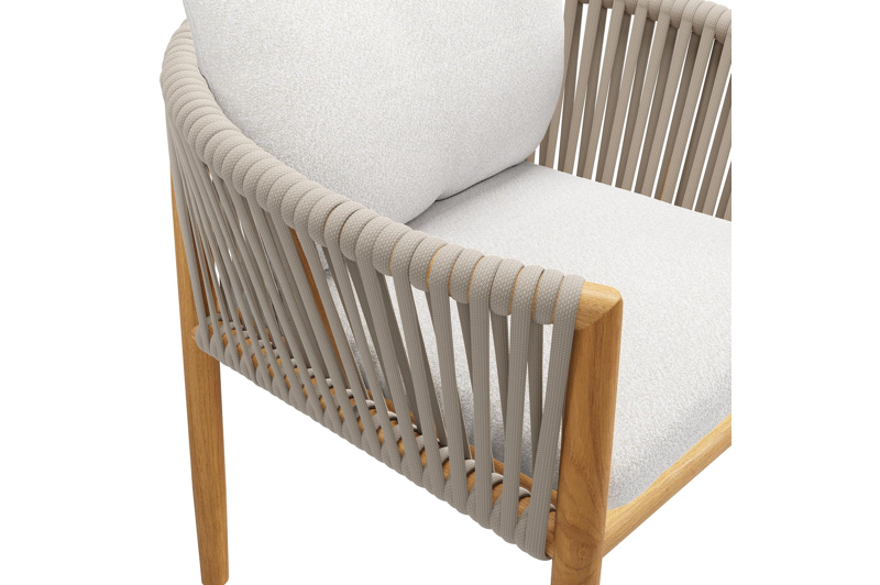 Organo tuinstoel in teak en beige verticaal geweven luxe vlakke rope met zitkussen in All Weather Solica Soul Optik