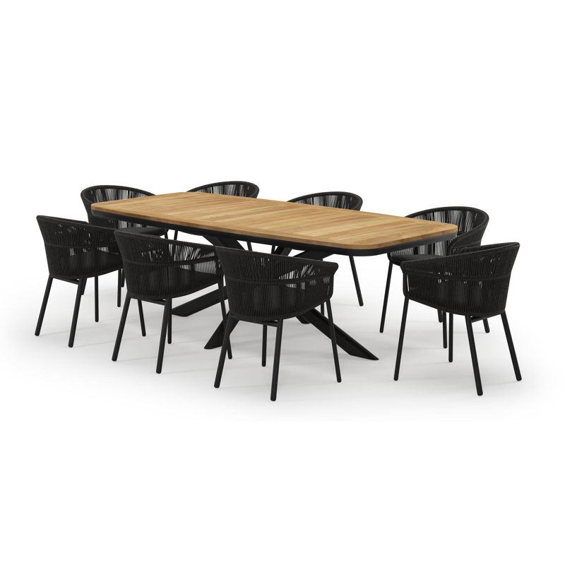 Pamplona ensemble de jardin forme de bateau en aluminium noir en teck natural finish avec 8 chaises de jardin Matera