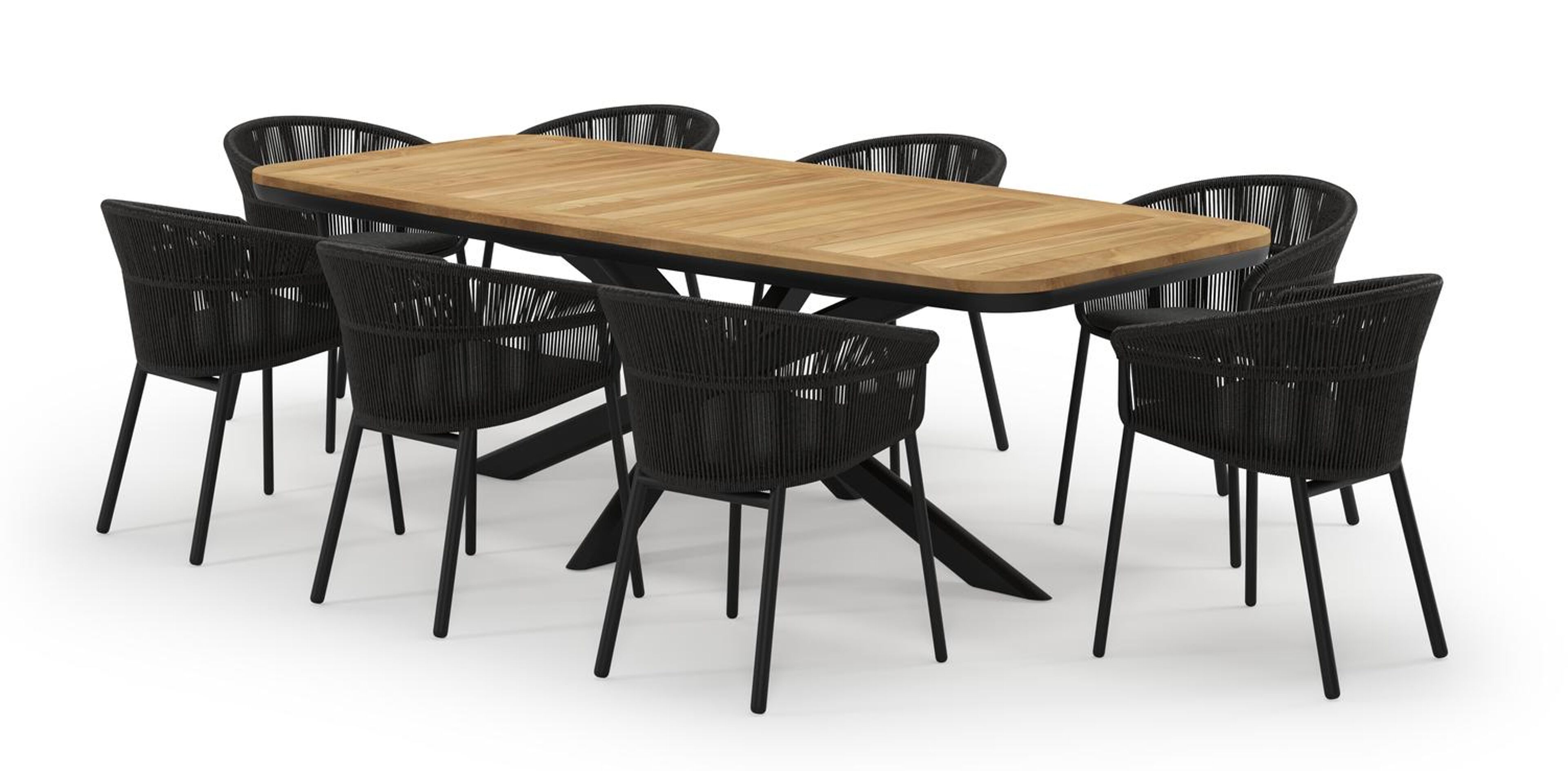 Pamplona ensemble de jardin forme de bateau en aluminium noir en teck natural finish avec 8 chaises de jardin Matera