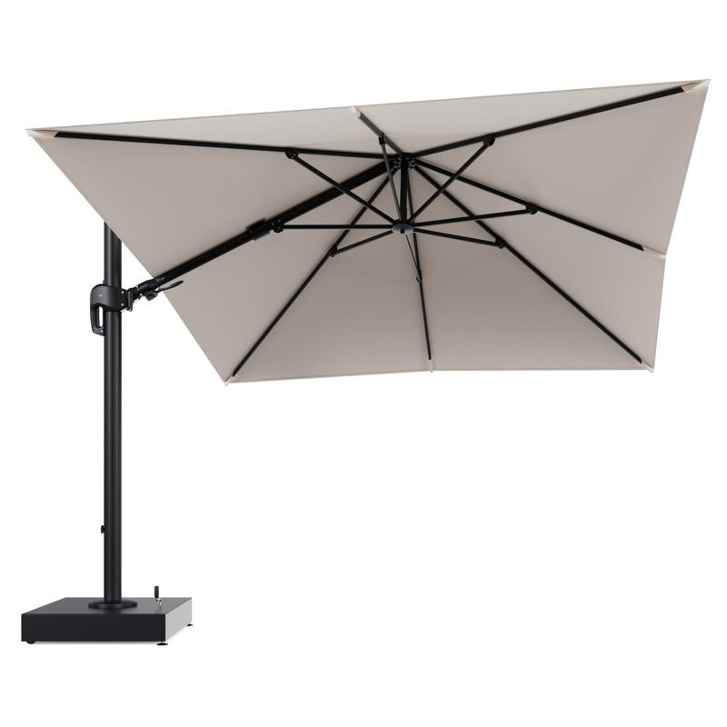 Rufina zweefparasol met tiltfunctie in zwart aluminium en Natte Linen Chalk All Weather Sunbrella® Luxe parasoldoek - L1 300 x L2 300 cm met parasolvoet Minore 150 kg met wielen