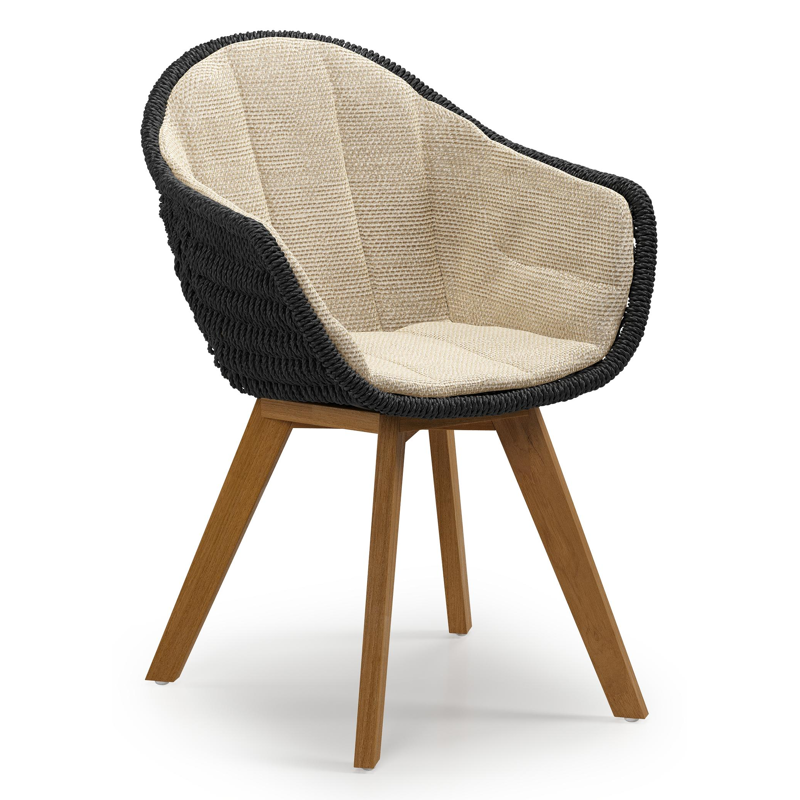 Pagino tuinstoel in teak en zwart ronde wicker met zitkussen in All Weather Cosytica Althea Camel