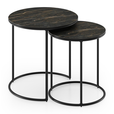 Ensemble de 2 tables basse Fano en aluminium noir avec céramique pleine Black Obsession - table 1: dia 50 x H 50, table 2: dia 40 x H 45 cm