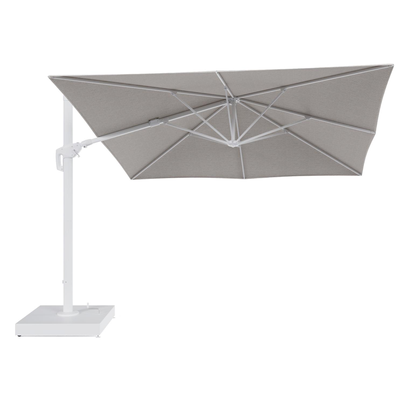 Minore zweefparasol met tiltfunctie in wit aluminium en Tundra Sand All Weather Sunbrella® Luxe parasoldoek - L1 350 x L2: 350 cm met parasolvoet Minore 260 kg met wielen