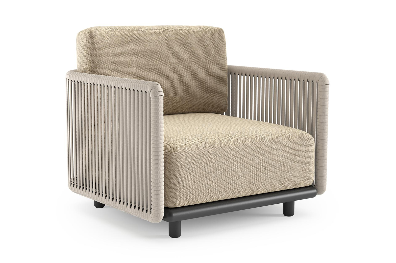 Organo loungestoel in zwart aluminium en beige verticaal geweven luxe vlakke rope met althea camel all weather Cosytica kussen