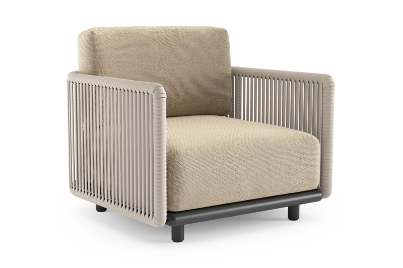 Organo loungestoel in zwart aluminium en beige verticaal geweven luxe vlakke rope met althea camel all weather Cosytica kussen