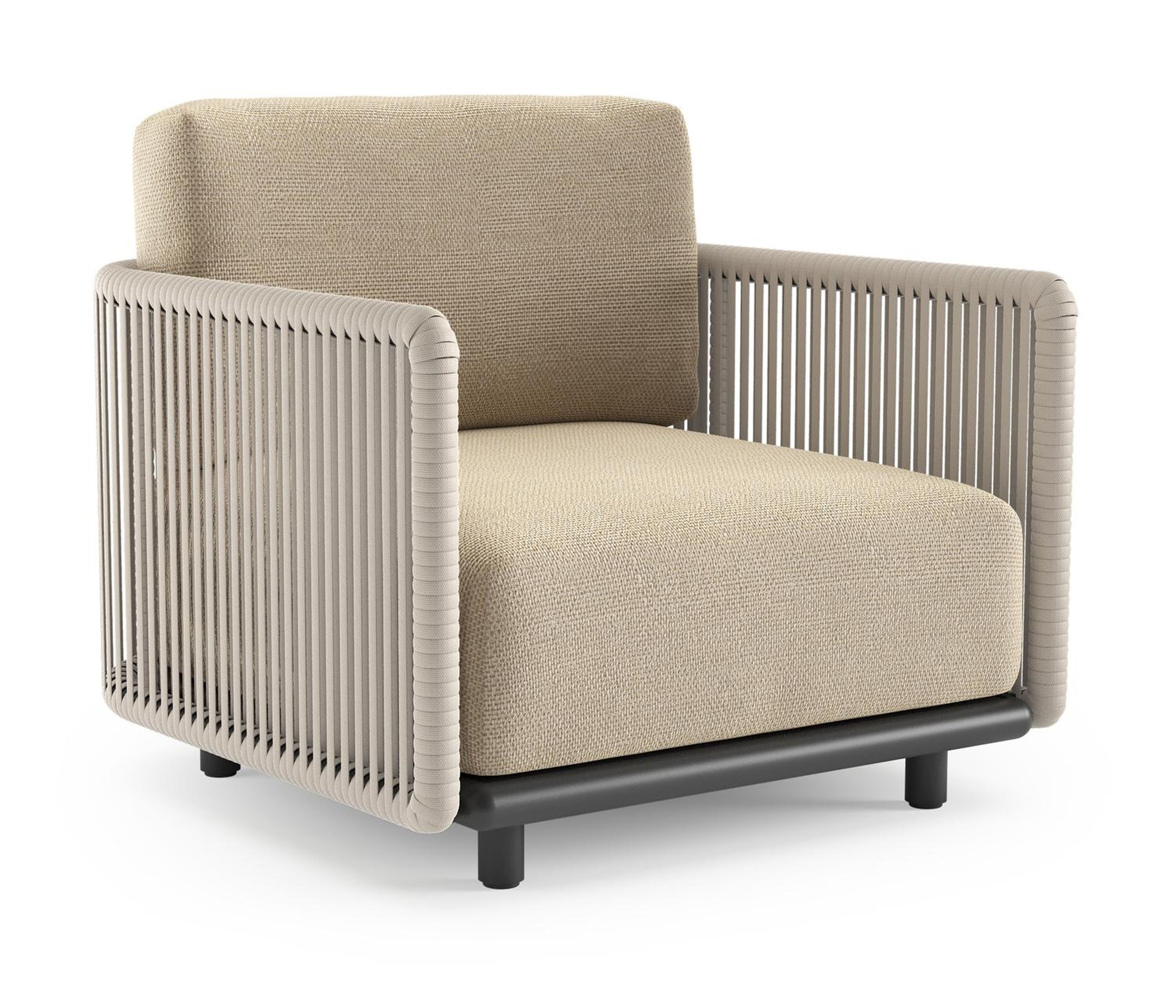 Organo loungestoel in zwart aluminium en beige verticaal geweven luxe vlakke rope met althea camel all weather Cosytica kussen