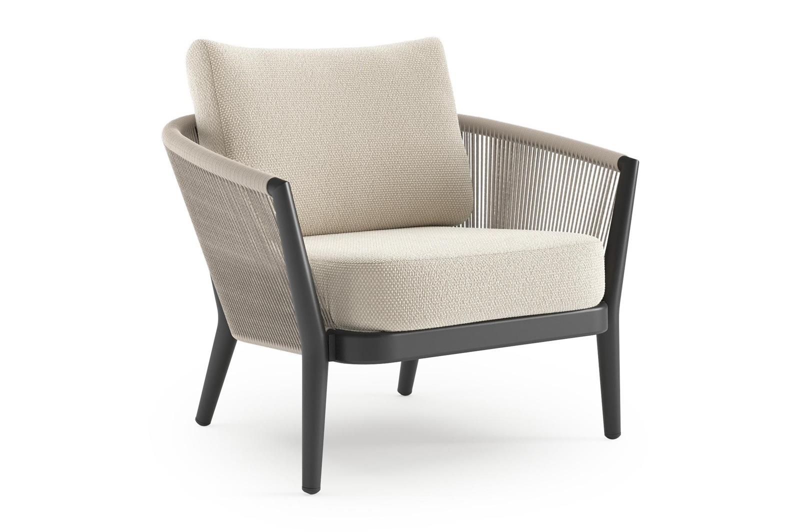 Orso loungestoel in zwart aluminium en beige verticaal geweven ronde rope met Althea Off White all weather cosytica kussen