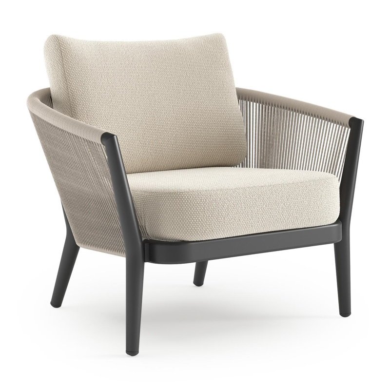 Orso loungestoel in zwart aluminium en beige verticaal geweven ronde rope met Althea Off White all weather cosytica kussen