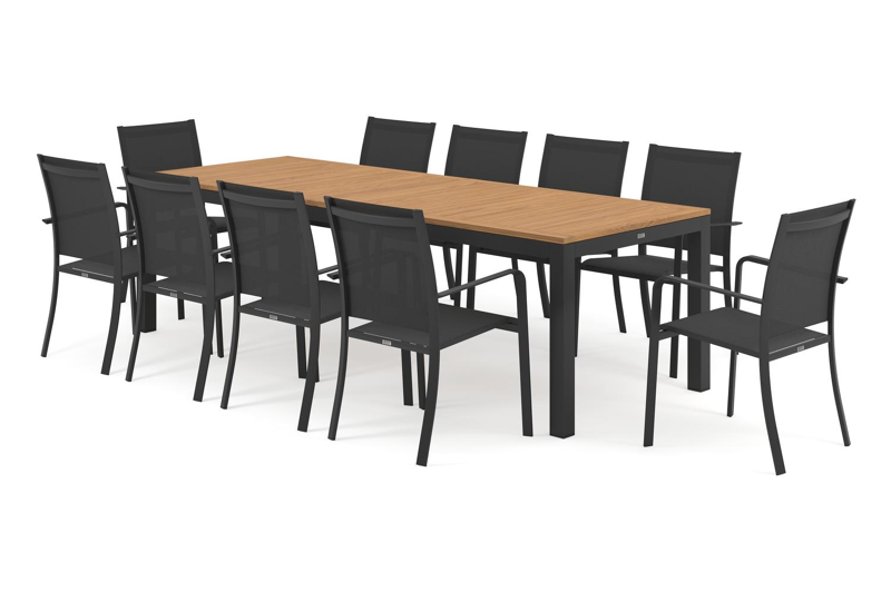 Ensemble de jardin Varese en aluminium noir avec plateau de table en teck naturel et 10 chaises de jardin empilables Amalfi