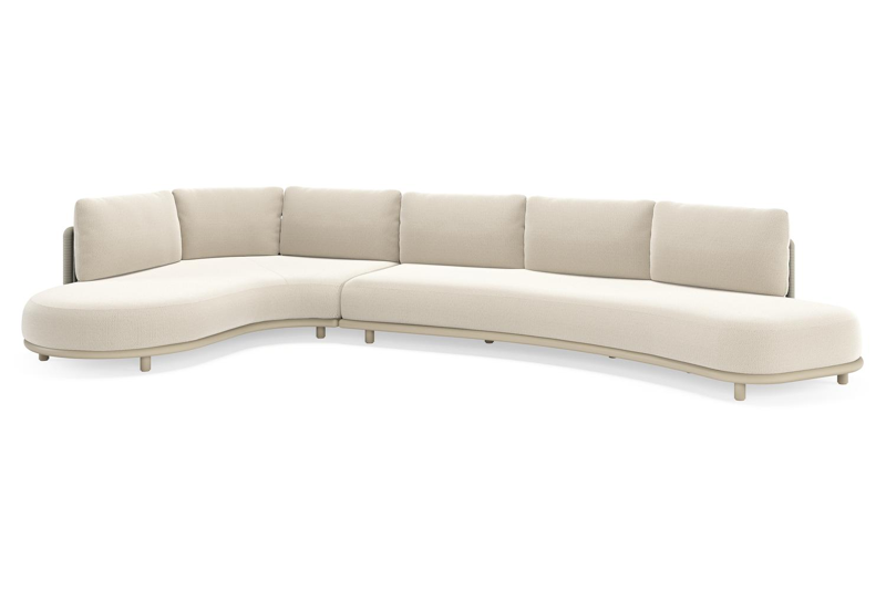 Lomano loungehoek in beige aluminium en beige verticaal geweven luxe vlakke rope met Lopi Marble all weather sunbrellaÂ® luxe