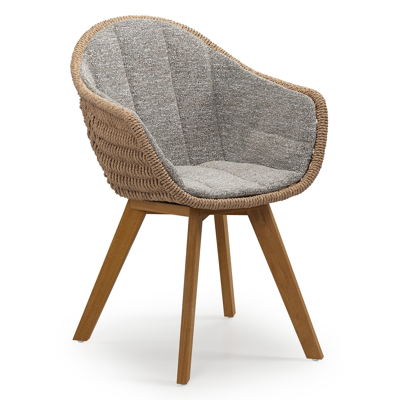 Pagino tuinstoel in teak en naturel ronde wicker met zitkussen in All Weather Sunbrella® Luxe Tundra Pepper