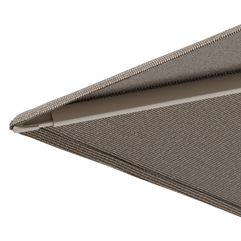 Minore zweefparasol met tiltfunctie in beige aluminium en Firenze Earth All Weather Solica parasoldoek - L1 350 x L2 350 cm met parasolvoet Minore 260 kg met wielen