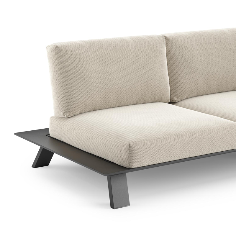 Salon de jardin d'angle Cesano en aluminium noir et coussin en all weather Sunbrella® luxe lopi marble