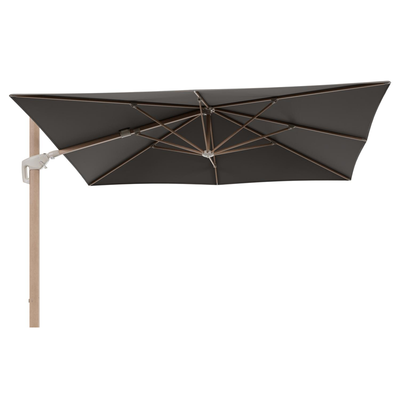 Minore zweefparasol met tiltfunctie in houtlook aluminium en Natte Carbon beige All Weather Sunbrella® Luxe parasoldoek - L1: 280 x L2: 370 cm (zonder voet)
