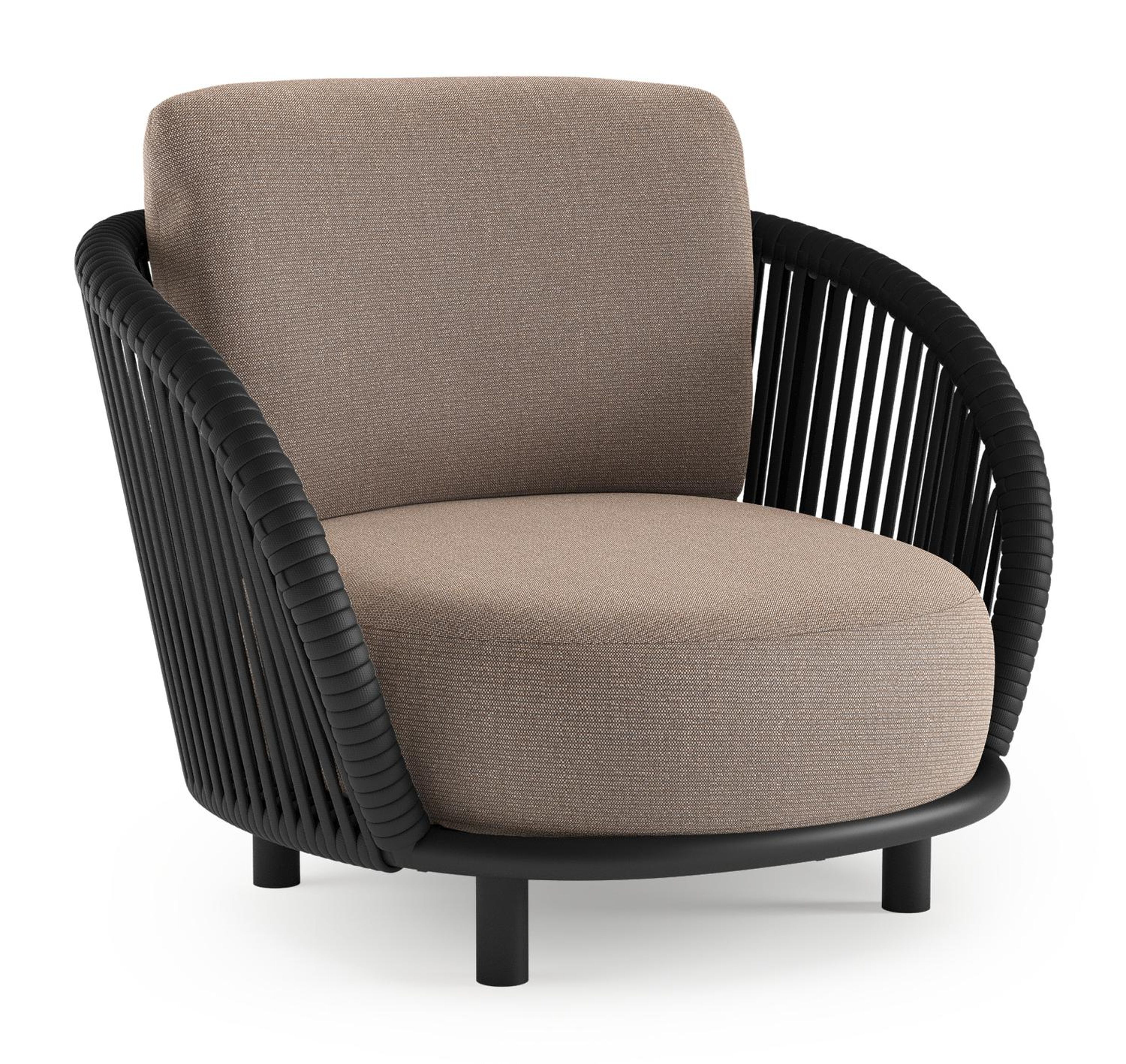 Lupino loungestoel in zwart aluminium en zwart verticaal geweven luxe vlakke brede rope met savane earth all weather sunbrella® luxe kussen