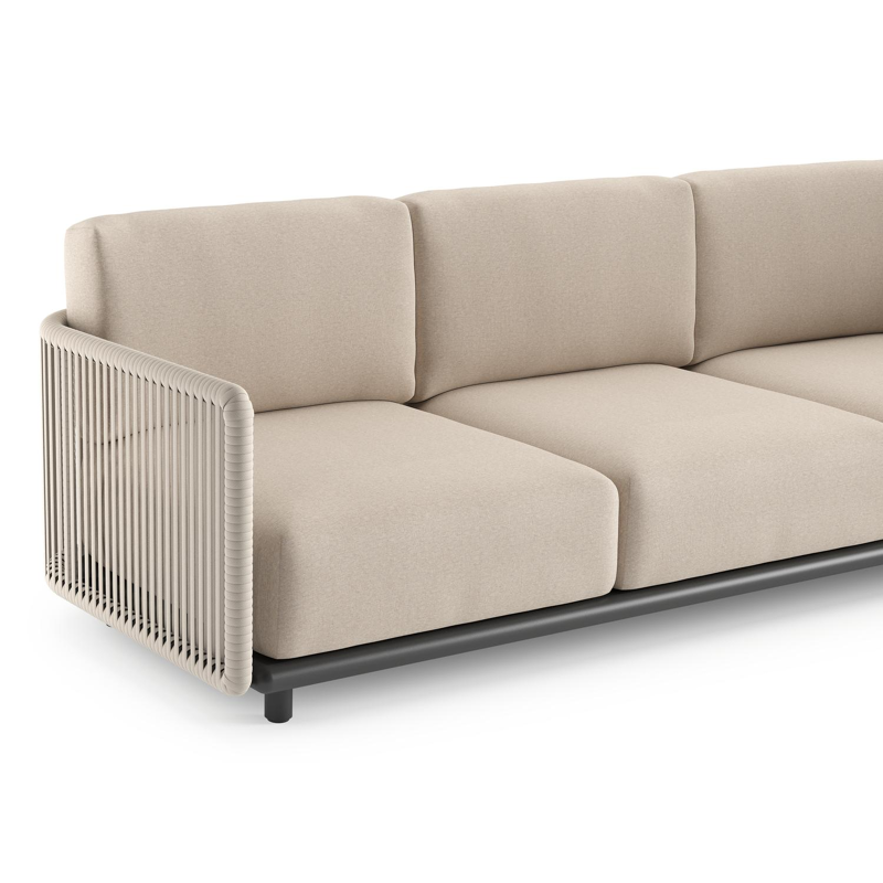 Salon de jardin d'angle Organo en aluminium noir et corde luxe plate tissée verticalement beige et coussin en all weather Sunbrella® luxe heritage ash