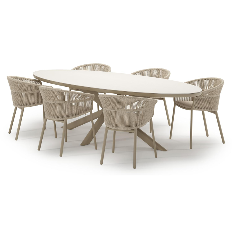 Ensemble de jardin Pamplona en aluminium beige et sintered stone crema minerale avec 6 chaises de jardin empilable Matera