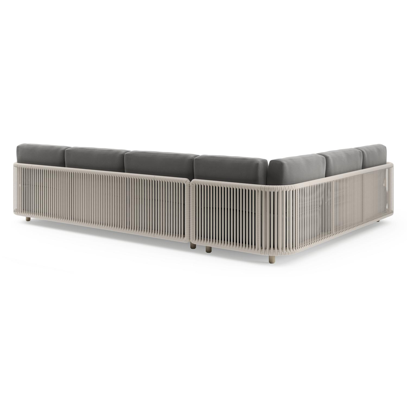 Organo loungehoek in beige aluminium en beige verticaal geweven luxe vlakke rope met natte charcoal chine all weather Sunbrella® luxe kussen