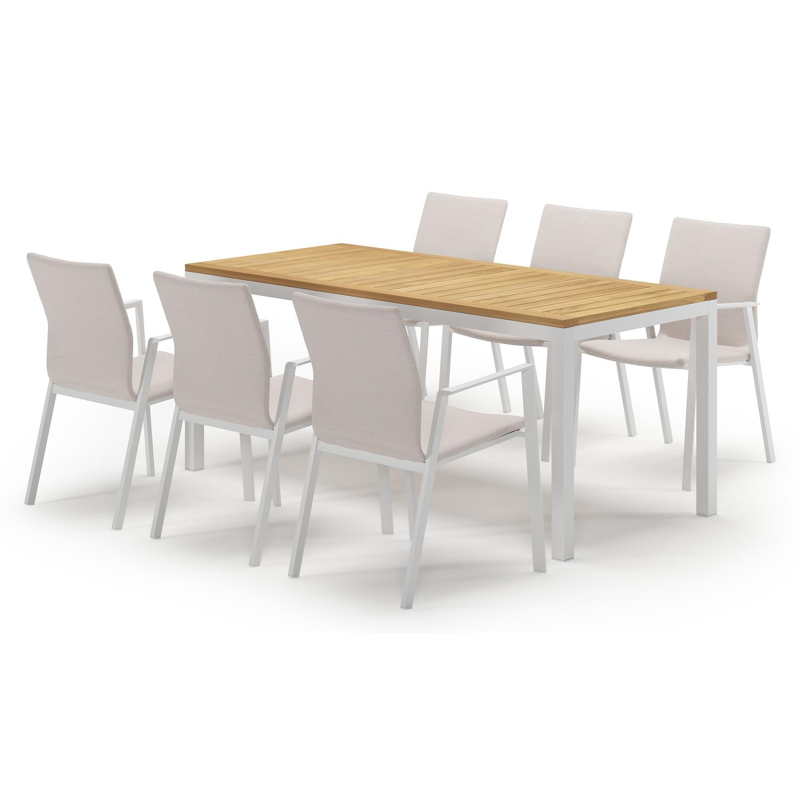 Feltro tuinset in wit aluminium en teak met 6 stapelbare Madura tuinstoelen