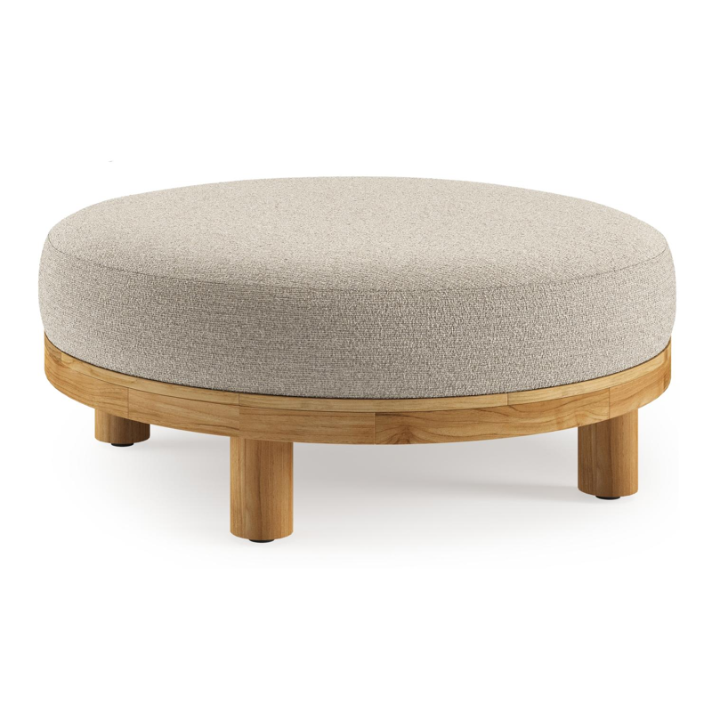Donato lounge poef in teak en beige verticaal geweven ronde rope met all weather cosytica Catania Greige kussen