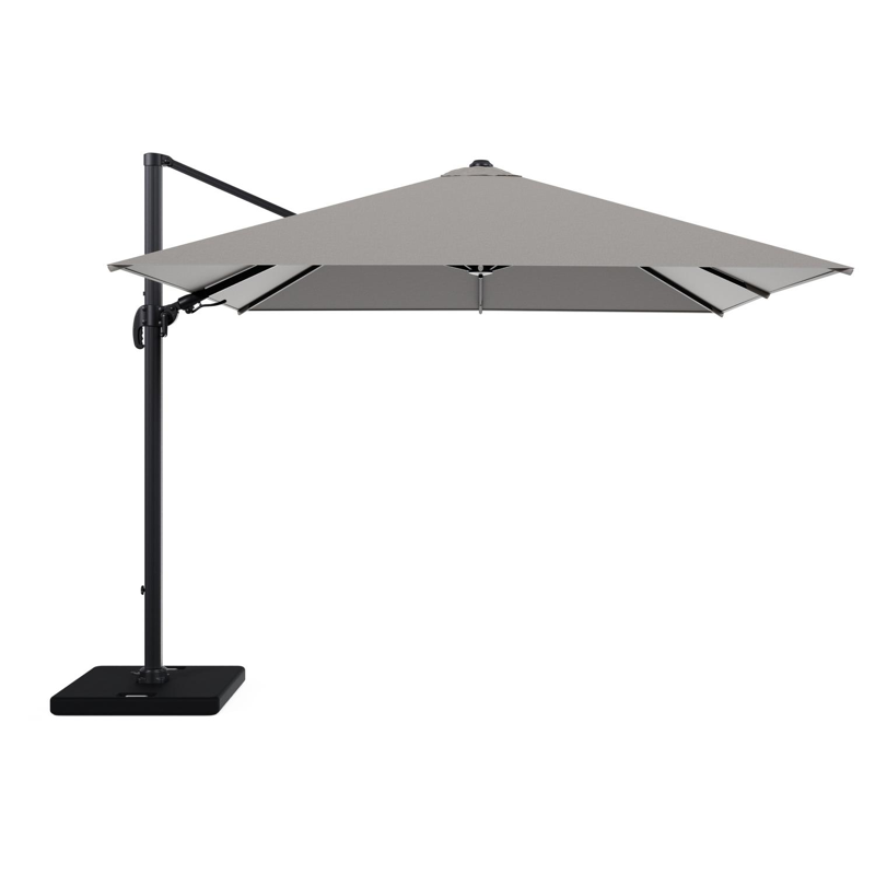 Avola zweefparasol met tiltfunctie in zwart aluminium en Weather+ Softtouch grijs L1 300 x L2 300 cm met parasolvoet Pedito 120 kg