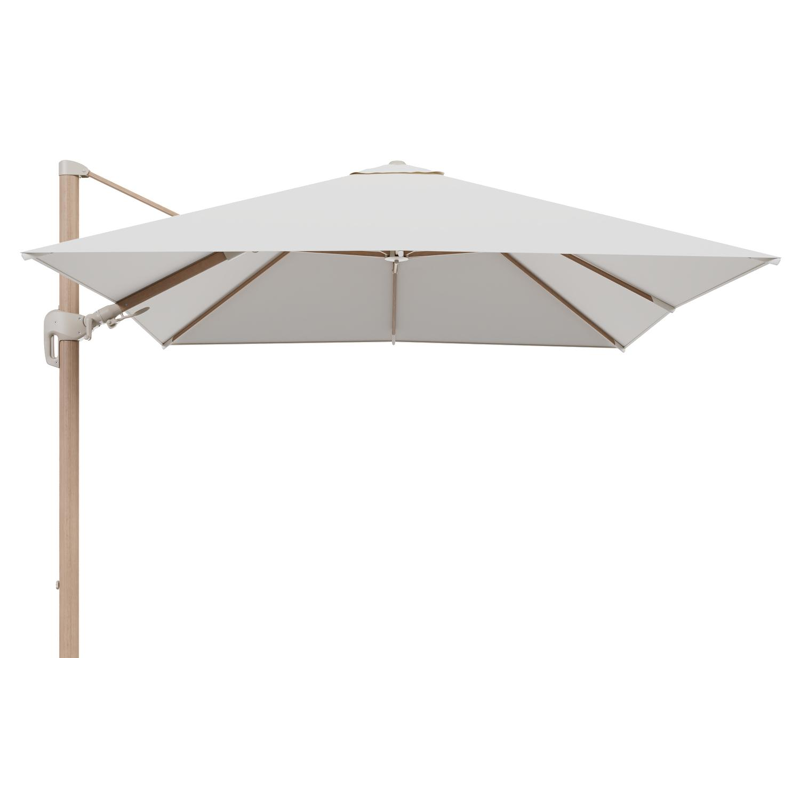 Rufina zweefparasol tiltfunctie in houtlook aluminium en parasoldoek in All Weather Sunbrella® Luxe Savane White - L1 300 x L2 300 cm (zonder voet)