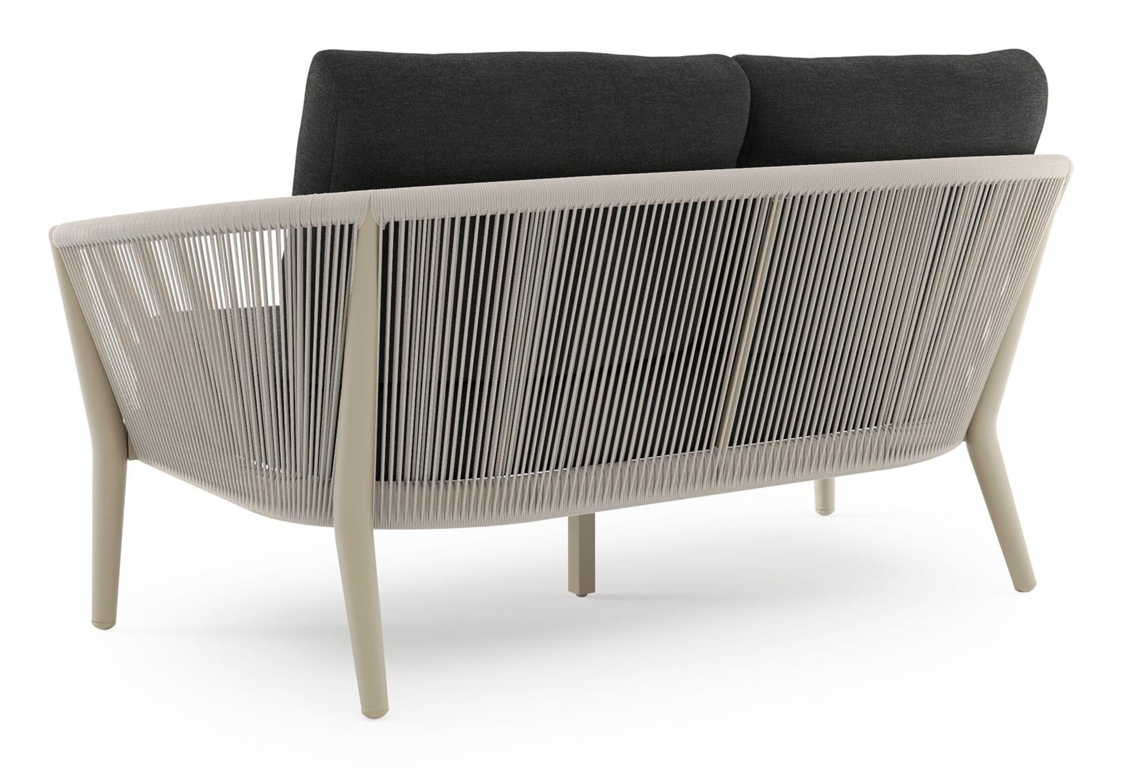 Orso loungebank in beige aluminium en beige verticaal geweven ronde rope met Chartres Sooty all weather sunbrella® luxe kussen