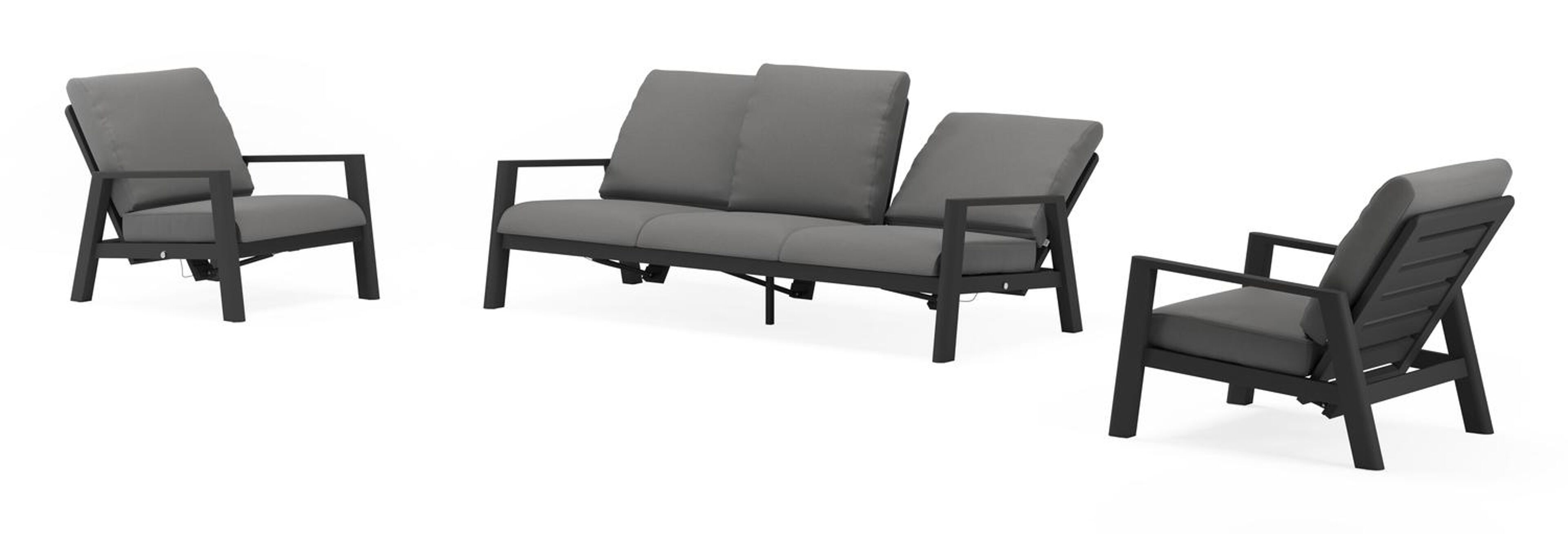 Cirello loungeset in zwart aluminium met natte charcoal chine all weather sunbrella® luxe kussens