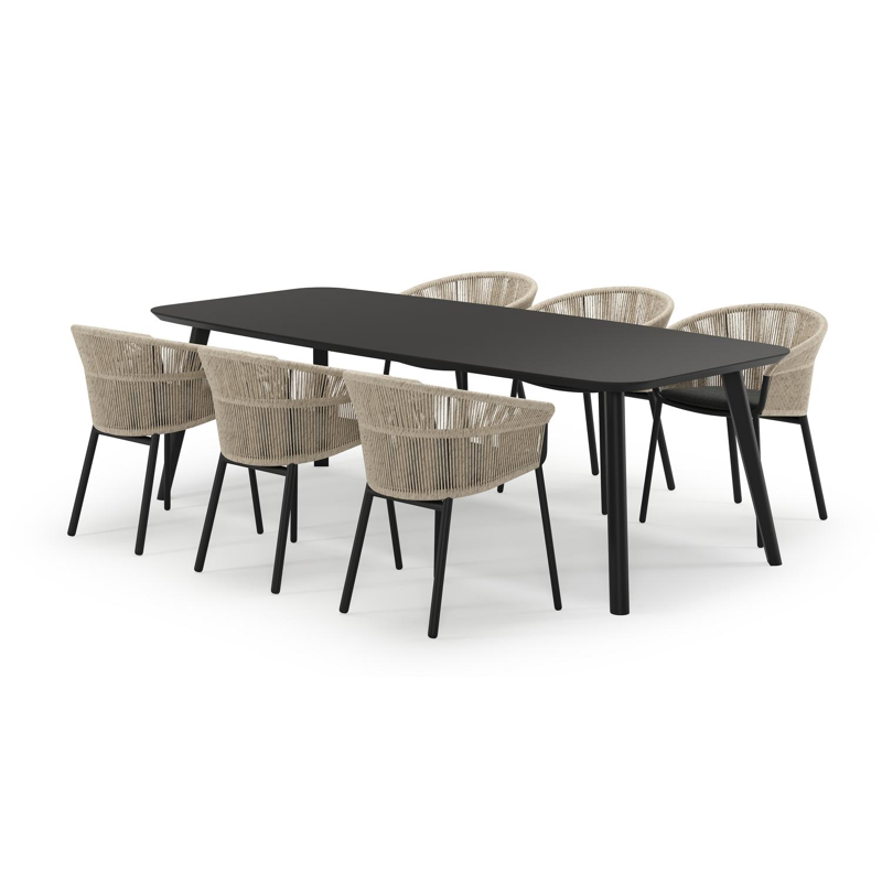 Mosa bootvormige tuinset in zwart aluminium en sintered stone notte minerale met 6 Matera tuinstoelen