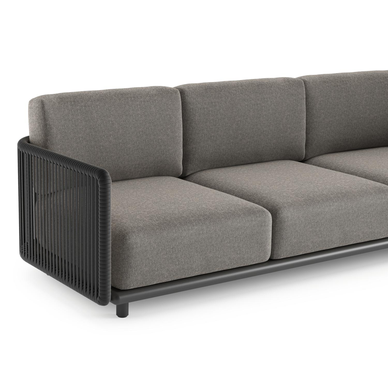 Salon de jardin d'angle Organo en aluminium noir et corde luxe plate tissée verticalement noir et coussin en all weather Sunbrella® luxe chartres drizzle